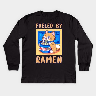 Fueled By Ramen Anime Cat Eating Japanese Food Funny Kawaii Merch Gift Japanese For Boy Girl Kids Children Teen Lover Kids Long Sleeve T-Shirt